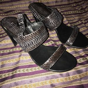 Stuart weitzman python print open toe stacked heel